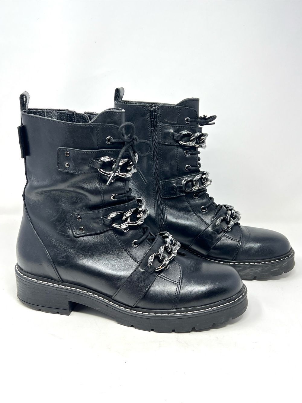 Kurt Geiger London Storm Chain Combat Moto Boots Black Leather EU 40.5 US 9.5